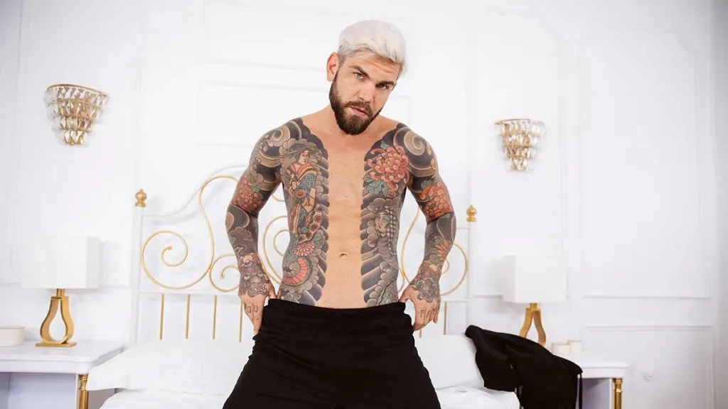 Juan Lucho's Tattooed Solo Session in VR - Bearded Hunk Jerks Off in 180° HD