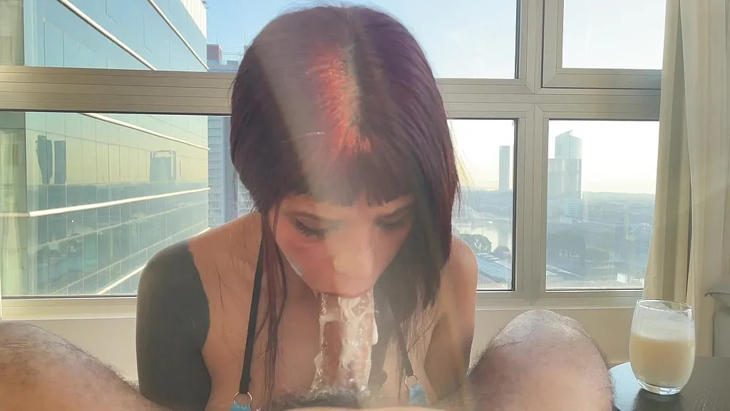 Raven-haired Teen & Latino Man: Sloppy Blowjob with Unique Piss Twist