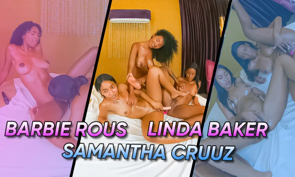 3D Lesbian Threesome: Linda Baker, Barbie Rous, Samantha Cruuz - Brunette Tattooed Stars
