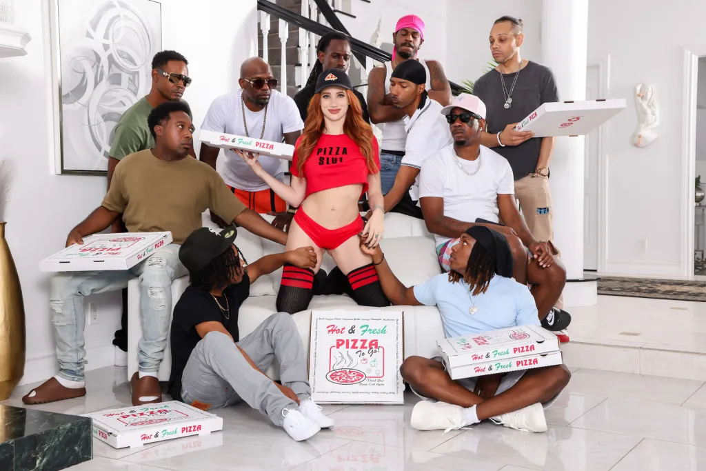 Madison Morgan, Jack Blaque, Donny Sins - Redhead's Wild Pizza Delivery: Interracial Open Mouth Facial & Big Tits