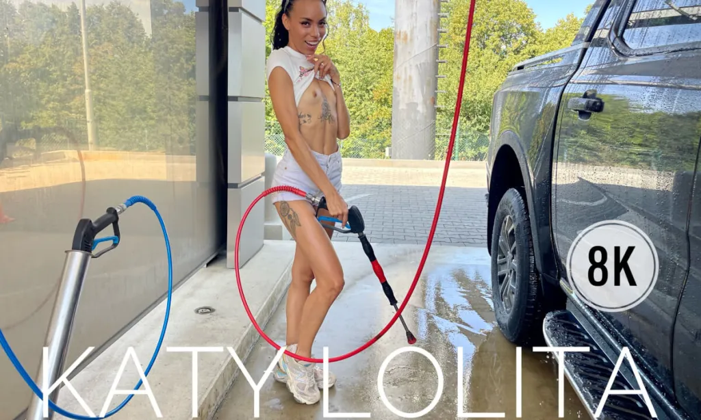 Katy Lolita and Violeta Grey in Brunette Car Wash Seduction - Cow Girl, Reverse Cow Girl, Cum in Mouth (VR, 60 FPS, 180°)