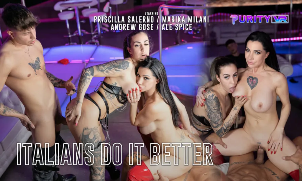 Priscilla Salerno, Marika Milani & Andrew Gose in Italians Do It Better: 180° VR Pussy Licking, Reverse Cow Girl & Cum in mouth (4K)