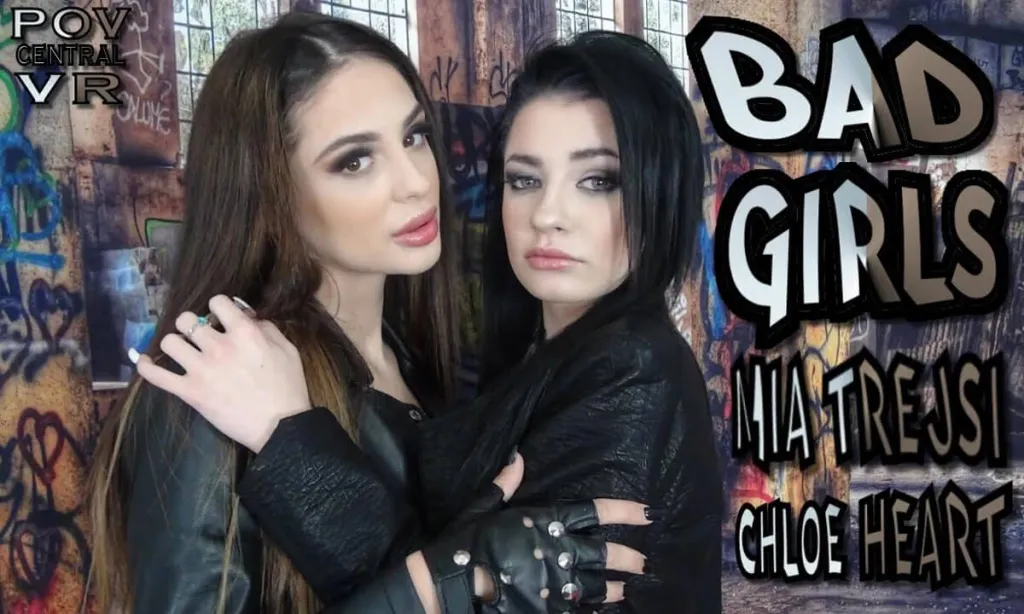 Mia Trejsi and Chloe Heart's Leather Jacket Threesome: Cum in Mouth Blowjobs (VR 180°, 5K)
