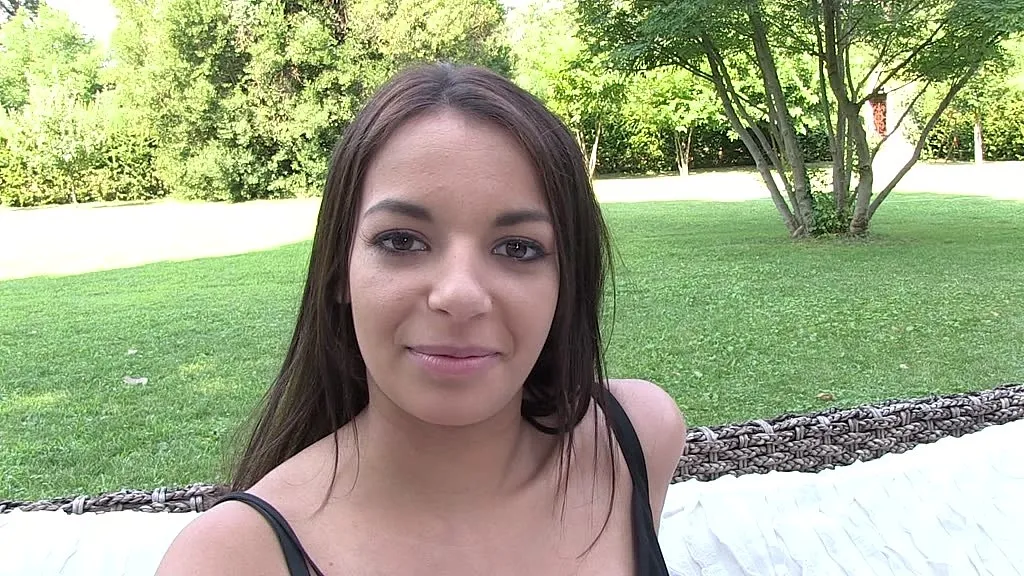 Sophia Laure's Outdoor Solo: Curvaceous Brunette with Big 38C Boobs and Shaven Pussy