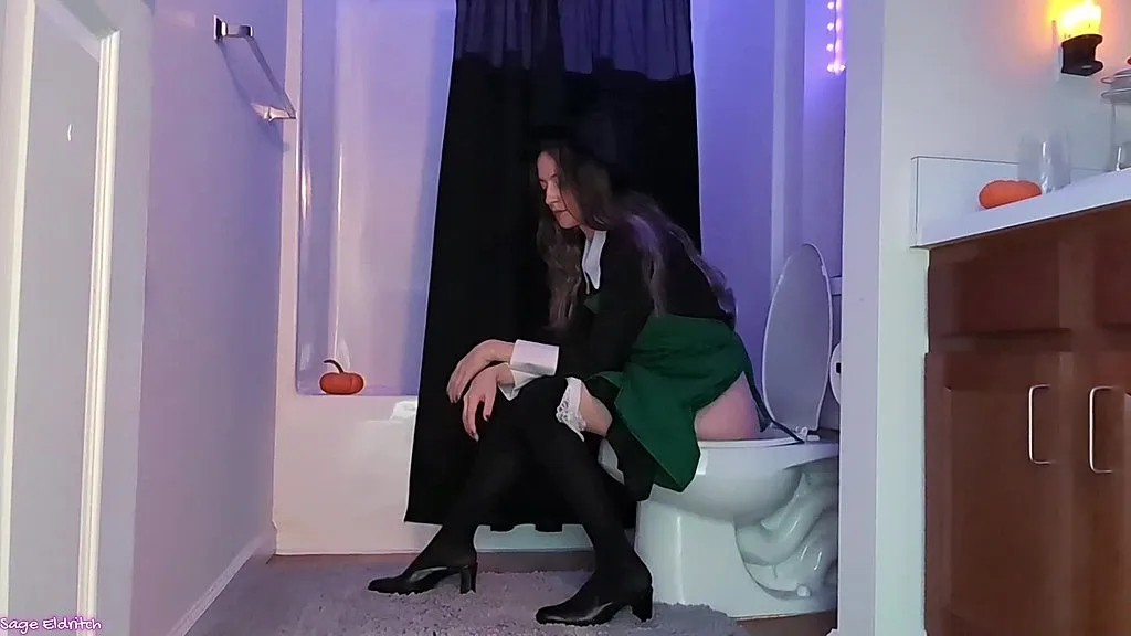 Halloween Witch Sage Eldritch's Peeing Session in Black Skirt and Pantyhose