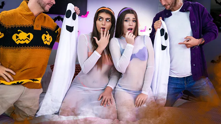 Selina Bentz and Juniper Ren: Stepdads Save Virgin Halloween Night (4K) - Blowjob, Doggystyle, Reverse Cowgirl